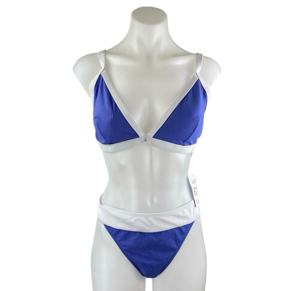 NEW Cupshe Blue Ribbed Knit Triangle Two Piece Bikini Set Swimsuit Swimwear Sz L